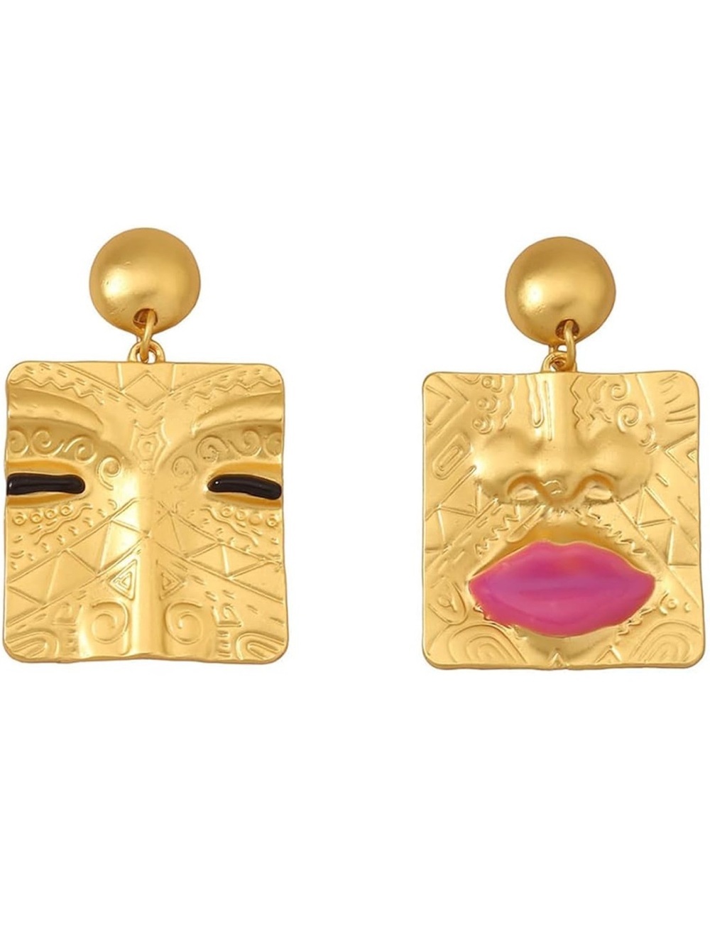 Gold Tone Face Earrings with Pink Lipstick